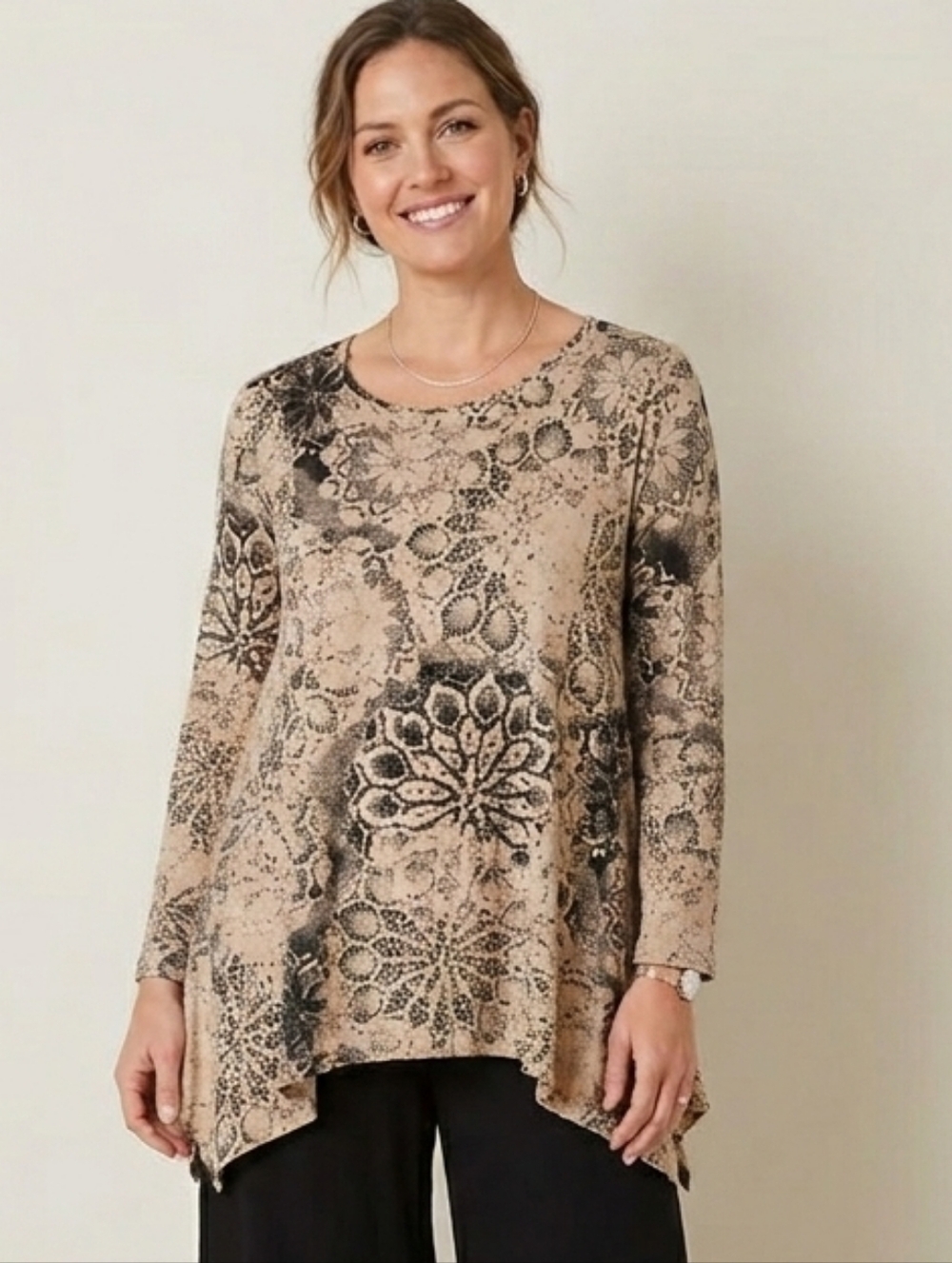 Peruvian Connection XS / S Tunic Top Khaki Black Lace Print Oversize Flowy